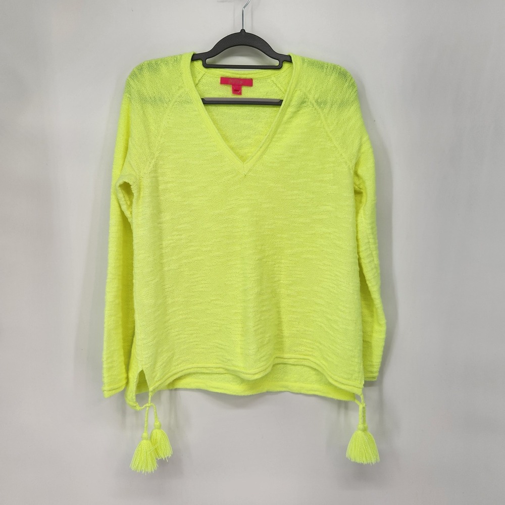 Lilly Pulitzer Neon Yellow Pullover Tasseled Boho Vibrant Sweater Women L